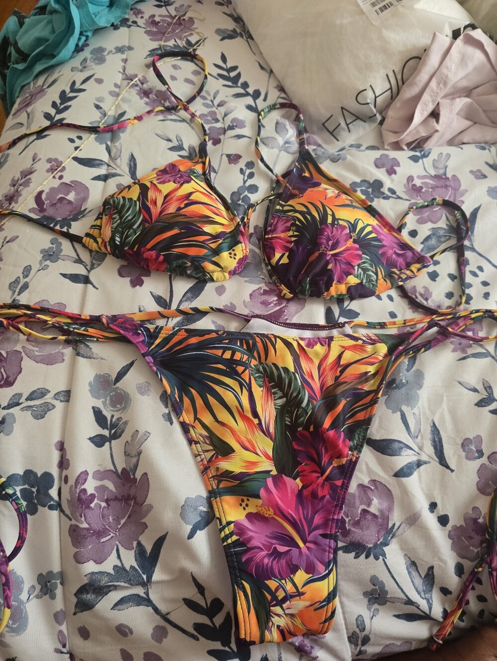 Tropical Floral String Bikini - Vibrant Yellow & Pink